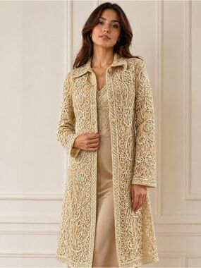 Sue Wong  Ivory, Long Soutache Coat / Robe and dress set cream
